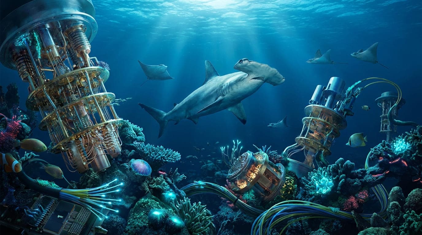 Arrecife de coral en el fondo del mar con computadoras cuánticas sumergidas entre los corales, un tiburón martillo y varias mantas nadando alrededor
